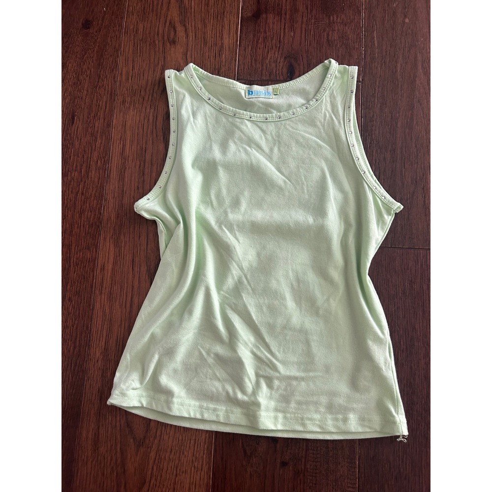Basix Lime Green Rhinestone Embellished Scoop Neck Tank Top Womens Lg Y2K